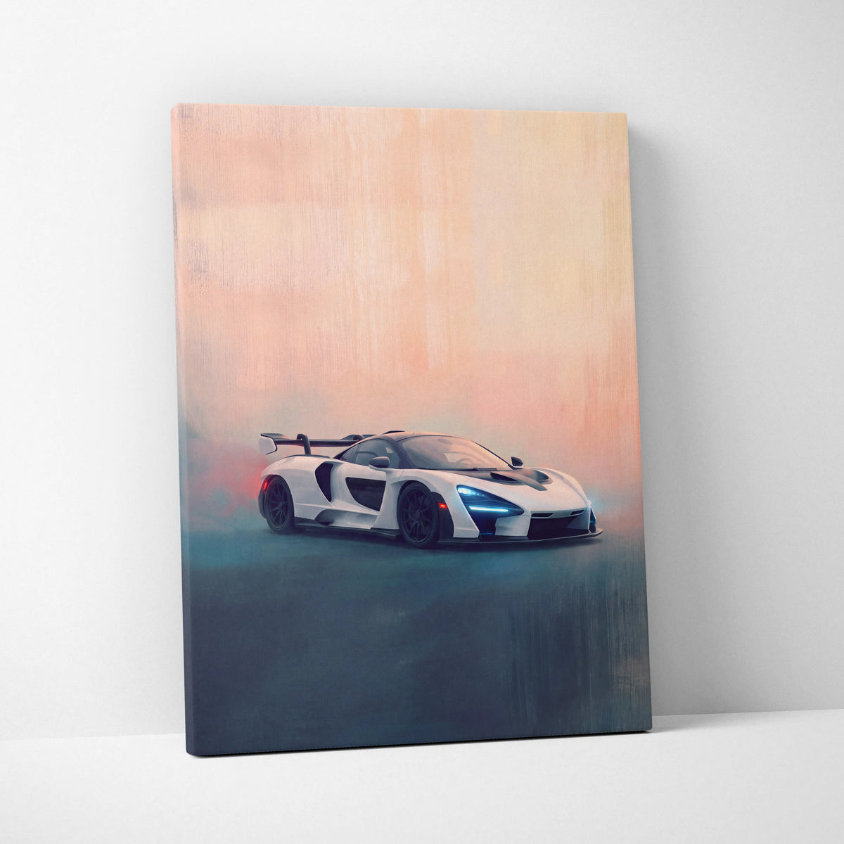 White McLaren Senna inspired canvas art with sleek aerodynamic design and blue headlights for premium wall decor