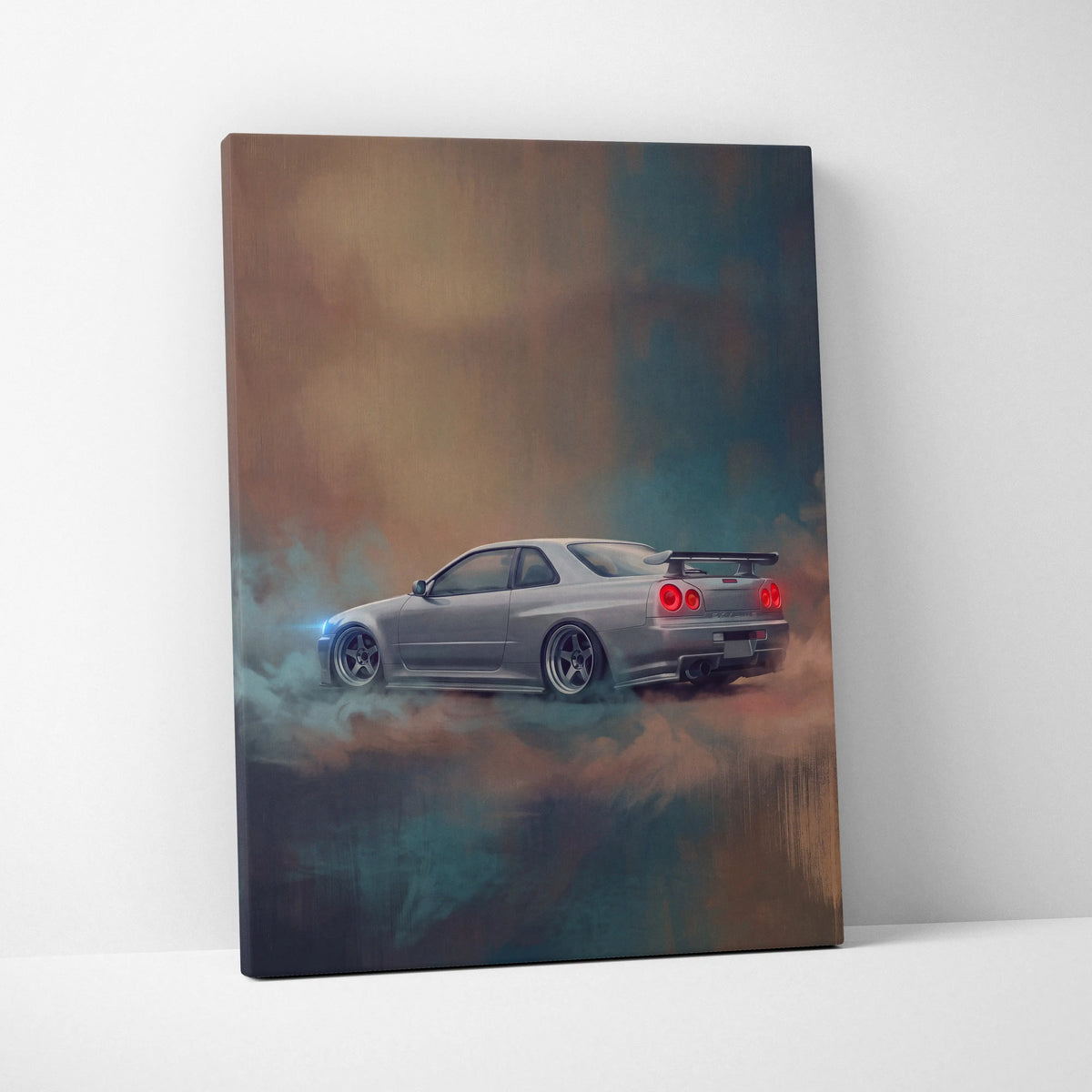 Silver nissan skyline gt-r r34 canvas print with red taillights and smoke effects for bedroom wall art