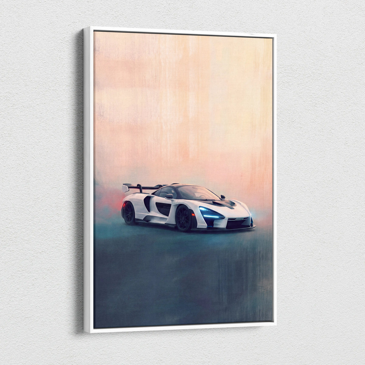 White framed canvas print featuring a sleek futuristic mclaren senna sports car with glowing blue headlights and black accents