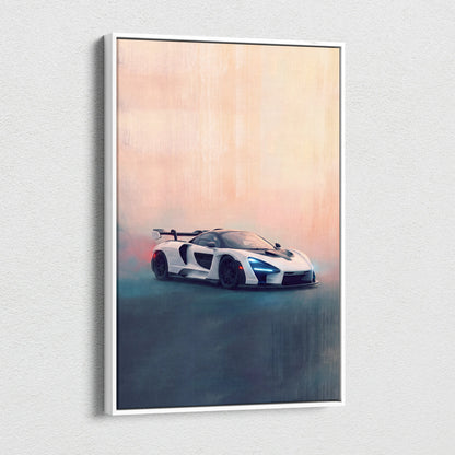 White framed canvas print featuring a sleek futuristic mclaren senna sports car with glowing blue headlights and black accents