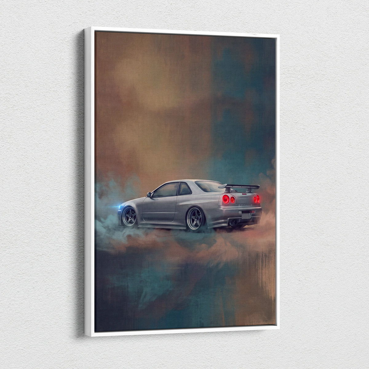 Silver nissan skyline gt-r r34 drift car poster in a white frame canvas print for bedroom wall art