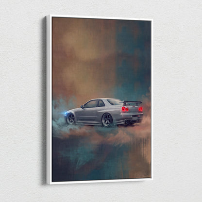 Silver nissan skyline gt-r r34 drift car poster in a white frame canvas print for bedroom wall art