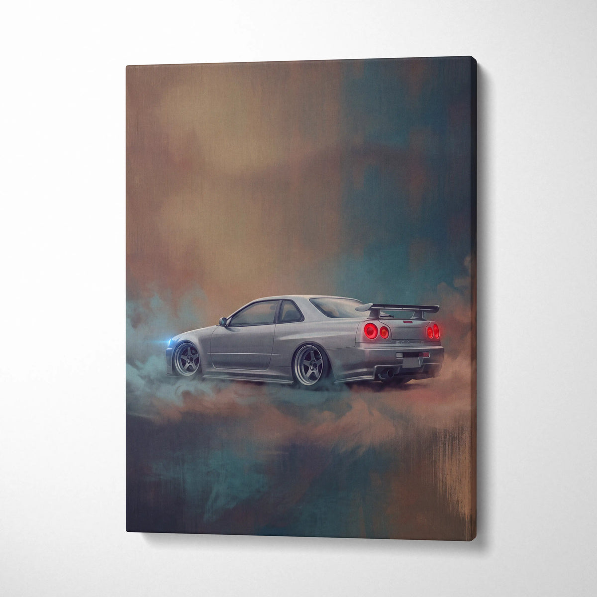 Silver Nissan Skyline GT-R R34 inspired canvas print with glowing red taillights and smoke effects for bedroom wall art