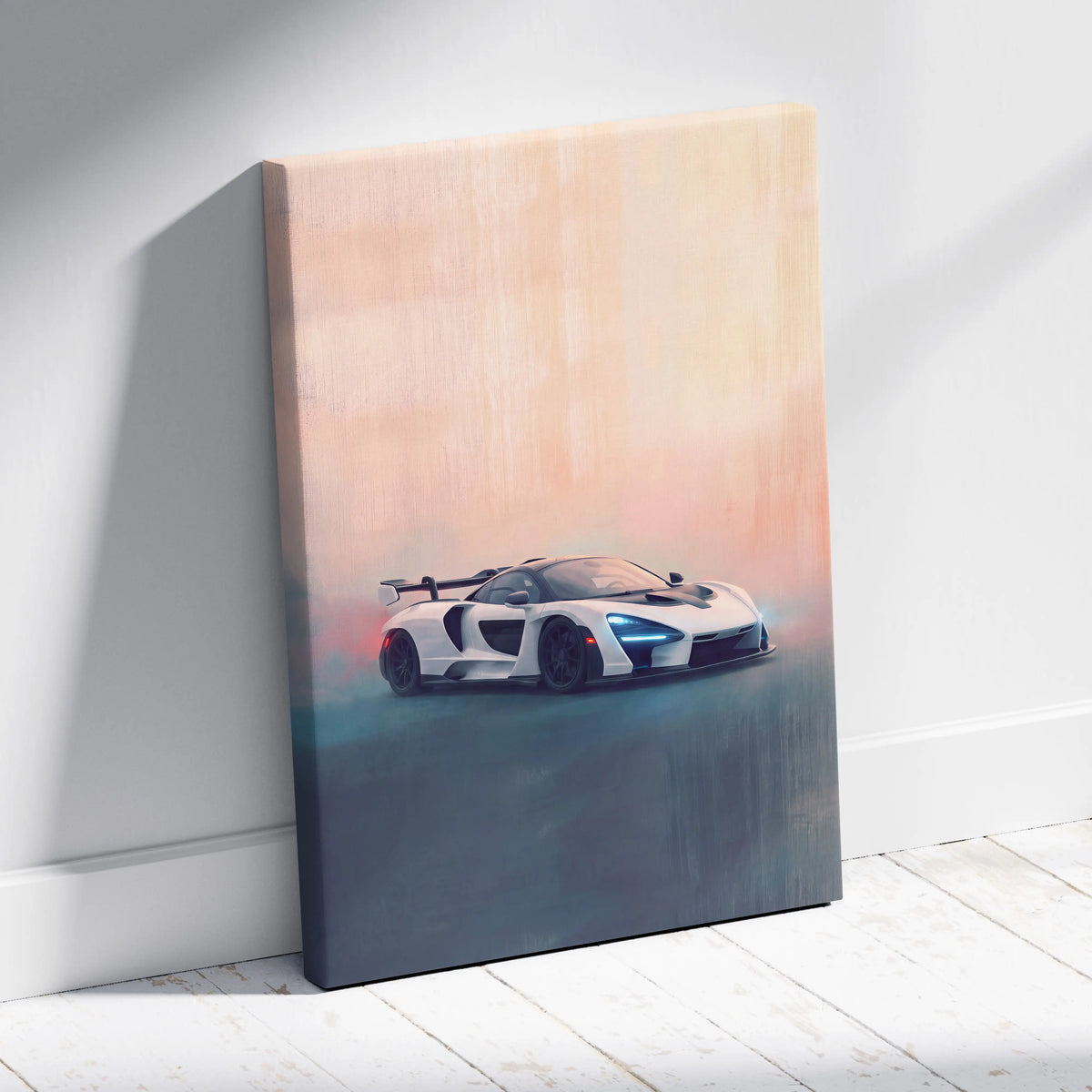 White mclaren sports car canvas print with sleek aerodynamic design and glowing blue headlights on gradient sky background