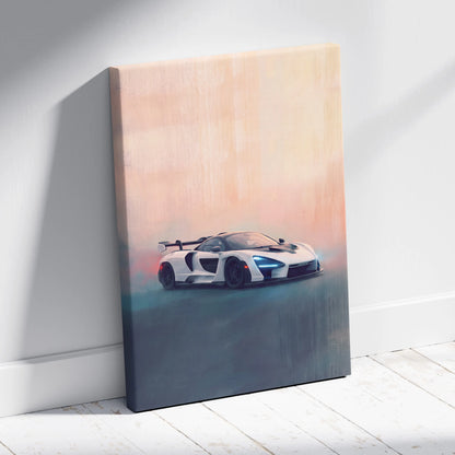 White mclaren sports car canvas print with sleek aerodynamic design and glowing blue headlights on gradient sky background