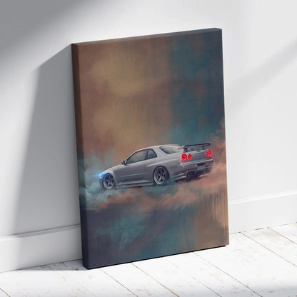 Silver nissan skyline gt-r r34 canvas print with drifting car red taillights blue smoke for bedroom wall decor