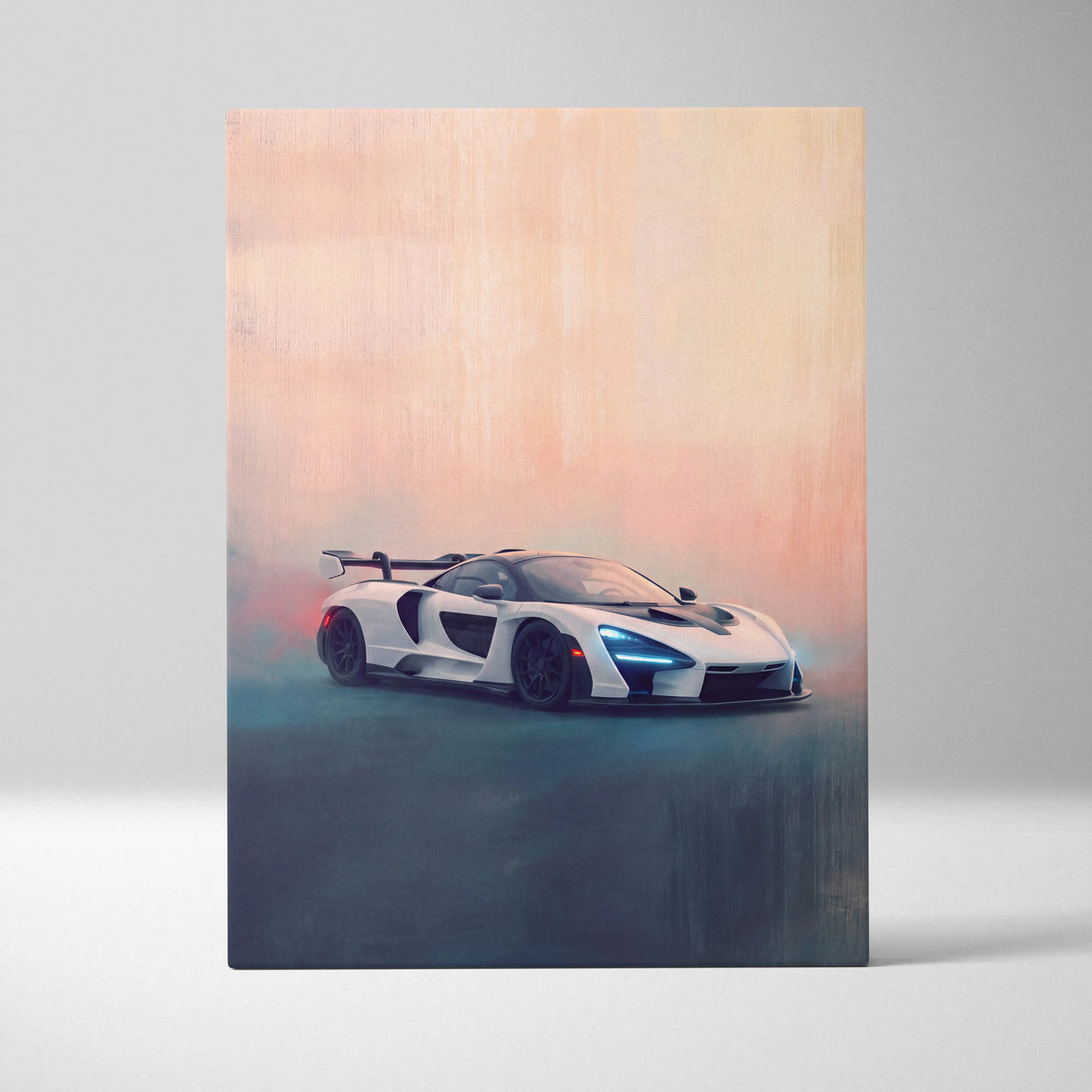 White mclaren senna sports car with black accents and glowing blue headlights in a stylized canvas painting wall decor