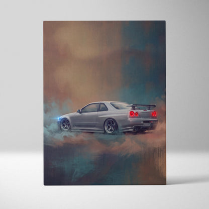 Silver nissan skyline gt-r r34 canvas print with glowing red taillights and blue smoke for bedroom wall art