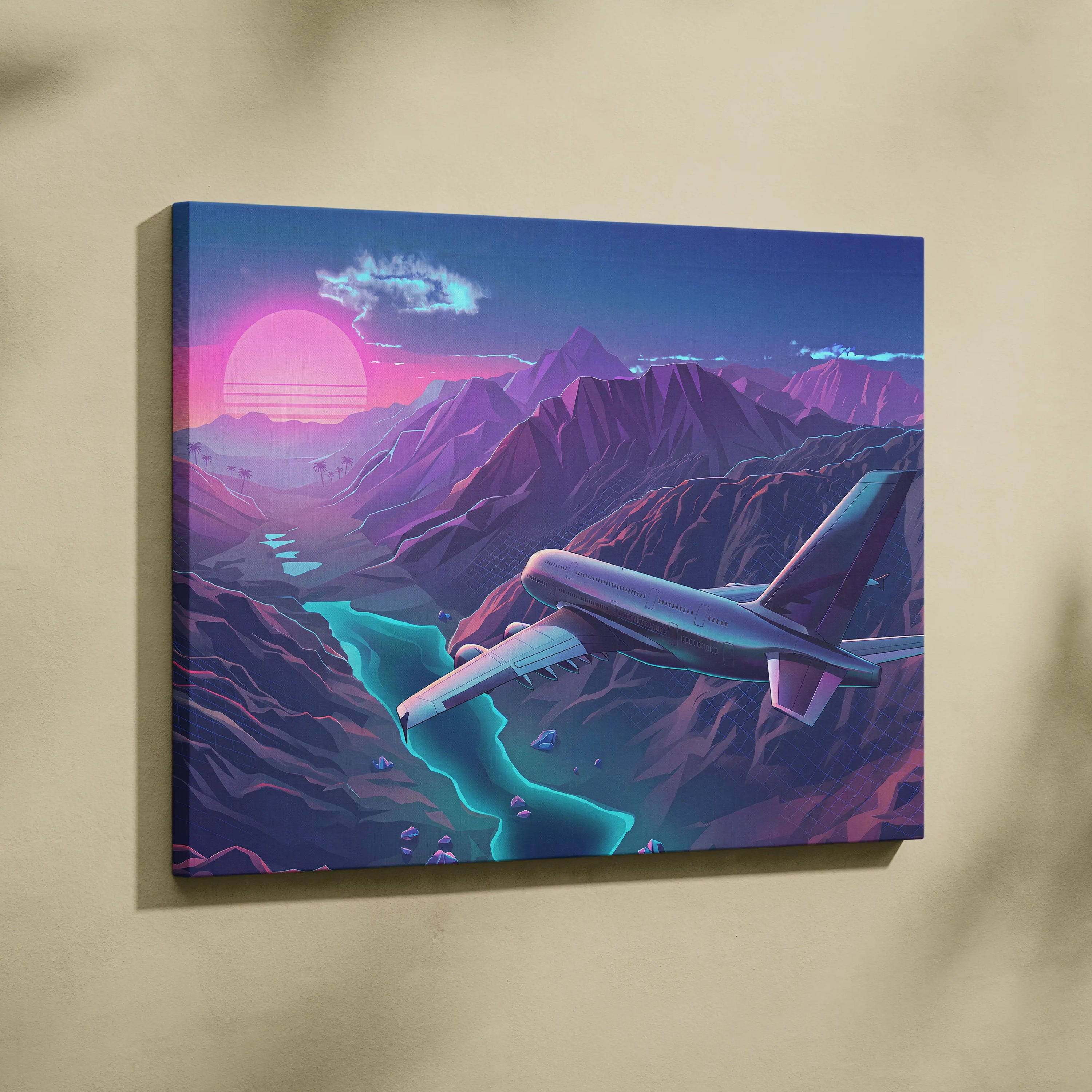Neon Sunset Vaporwave Canvas - Neon Sunset Pink Purple Cyan Living Room Vaporwave Dreamy Retro Futurism Wall Art Canvas