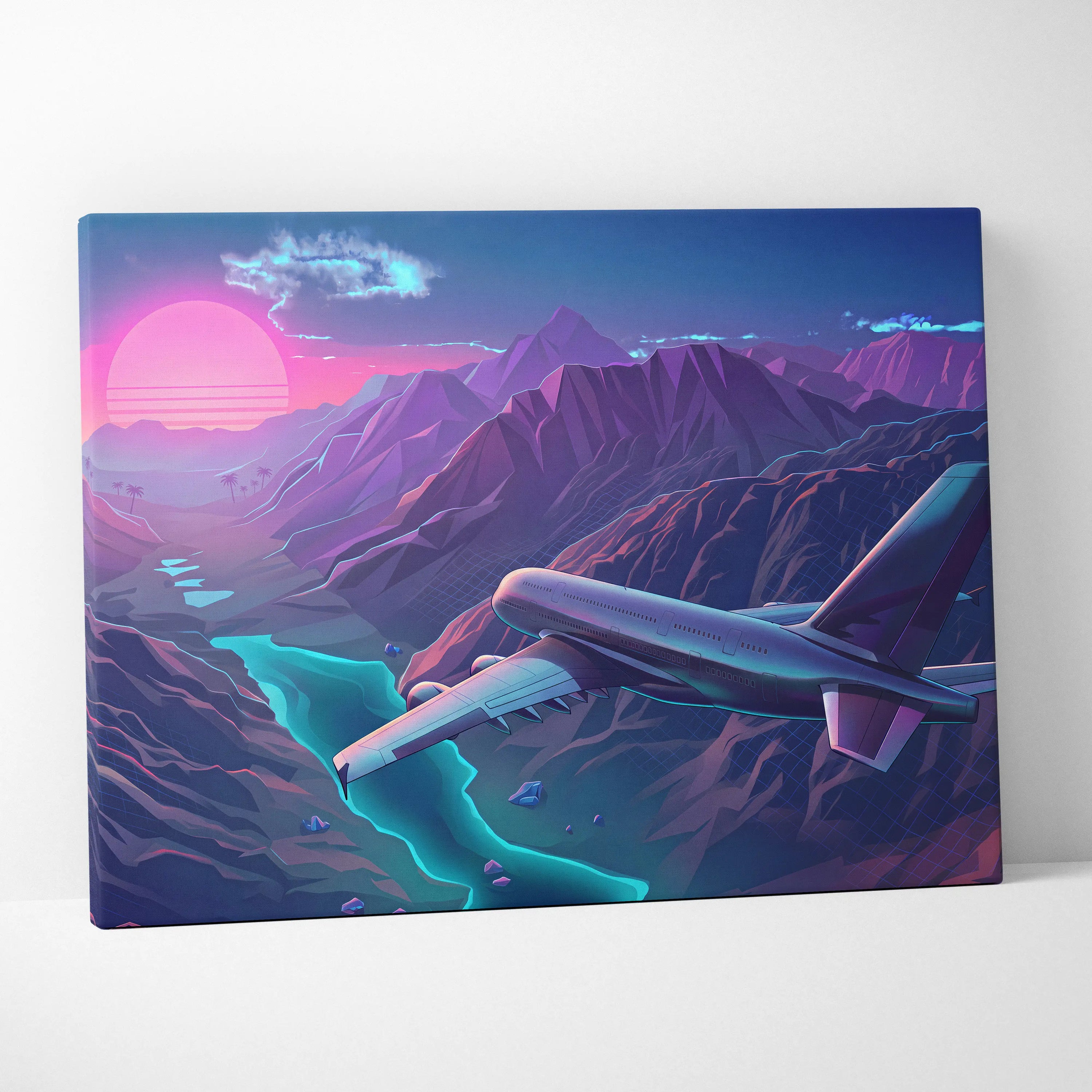 Neon Sunset Vaporwave Canvas - Neon Sunset Pink Purple Cyan Living Room Vaporwave Dreamy Retro Futurism Wall Art Canvas