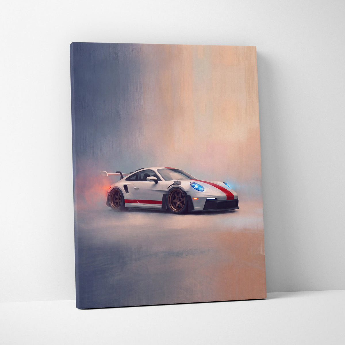 White Porsche 911 GT3 RS inspired car wall art canvas painting print with red racing stripes and glowing blue headlights