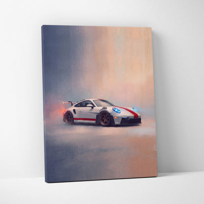 White Porsche 911 GT3 RS inspired car wall art canvas painting print with red racing stripes and glowing blue headlights