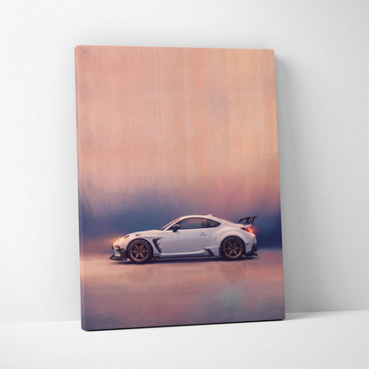 Toyota GR86 inspired car canvas print featuring a white sports car with bronze wheels and rear spoiler for modern decor