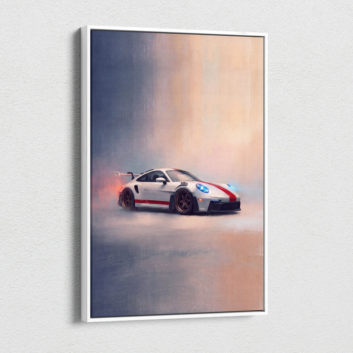 White framed canvas print of porsche 911 gt3 rs inspired car wall art with red racing stripes and glowing blue headlights