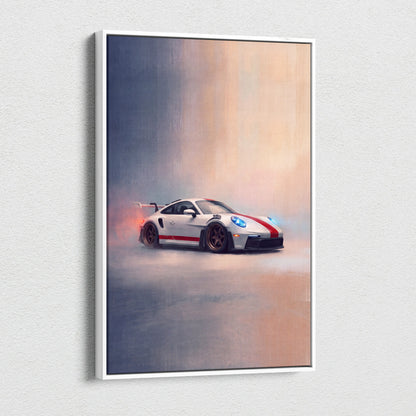 White framed canvas print of porsche 911 gt3 rs inspired car wall art with red racing stripes and glowing blue headlights