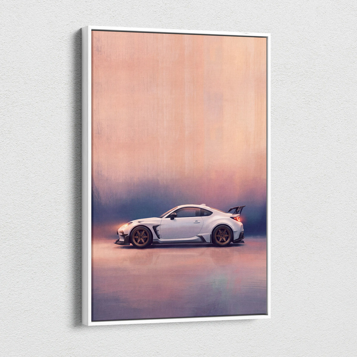 White sports car canvas print with metallic gold rims and gradient background for modern living room decor