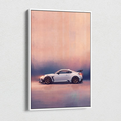 White sports car canvas print with metallic gold rims and gradient background for modern living room decor