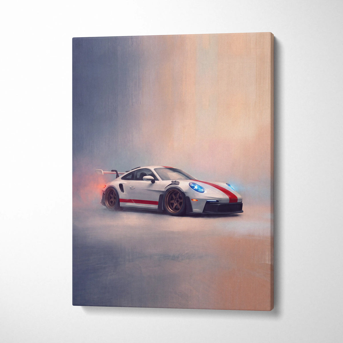 White Porsche 911 with red racing stripes and glowing blue headlights on canvas Porsche 911 GT3 RS track art print