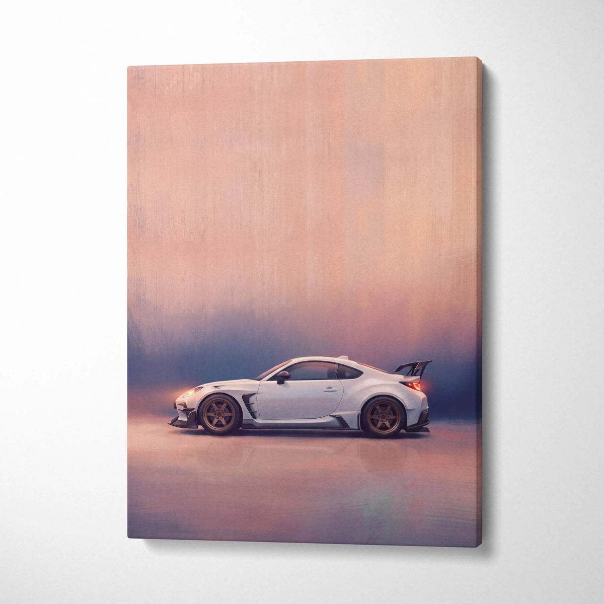 White sports car canvas print featuring toyota gr86 inspired sleek design with gold rims and rear spoiler for modern living room