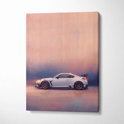 White sports car canvas print featuring toyota gr86 inspired sleek design with gold rims and rear spoiler for modern living room