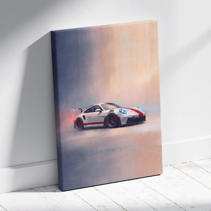 Porsche 911 gt3 rs inspired white and red racing car canvas print with blue headlights leaning against wall