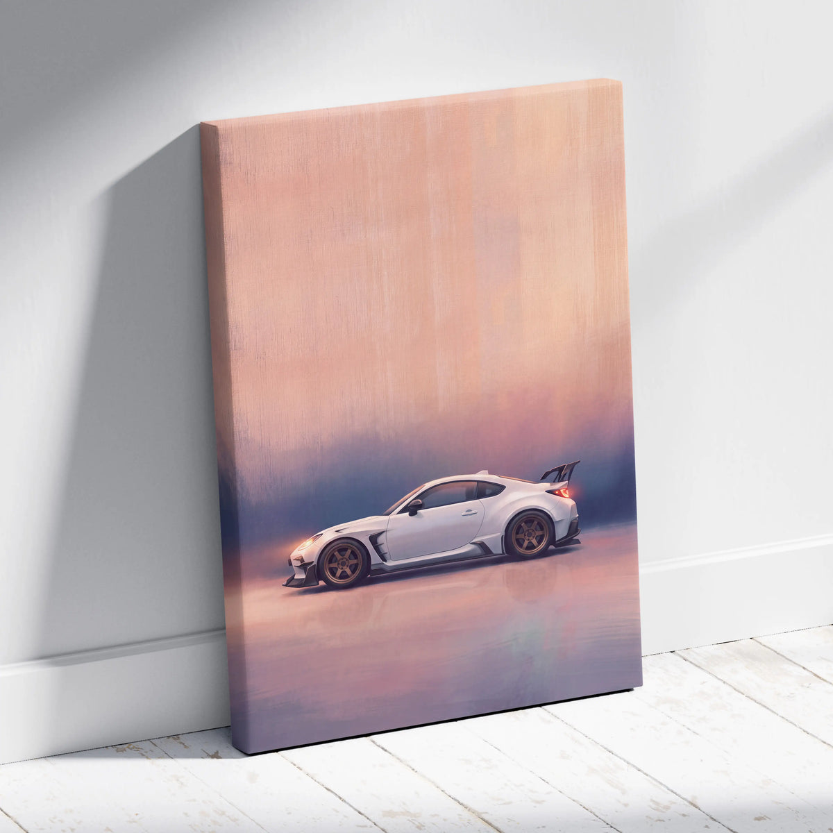 Toyota GR86 inspired canvas print featuring a white sports car with gold rims and rear spoiler for modern living room