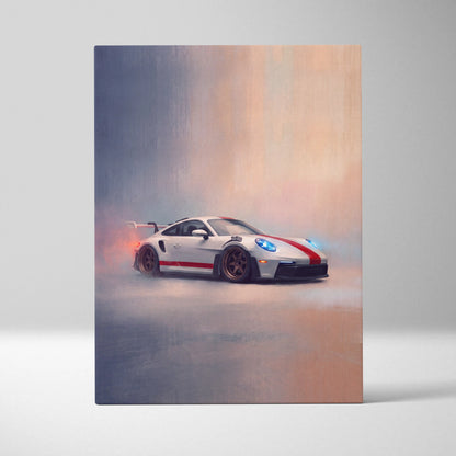 White porsche 911 gt3 rs inspired car wall art with red racing stripes and blue headlights in dynamic drift scene on canvas