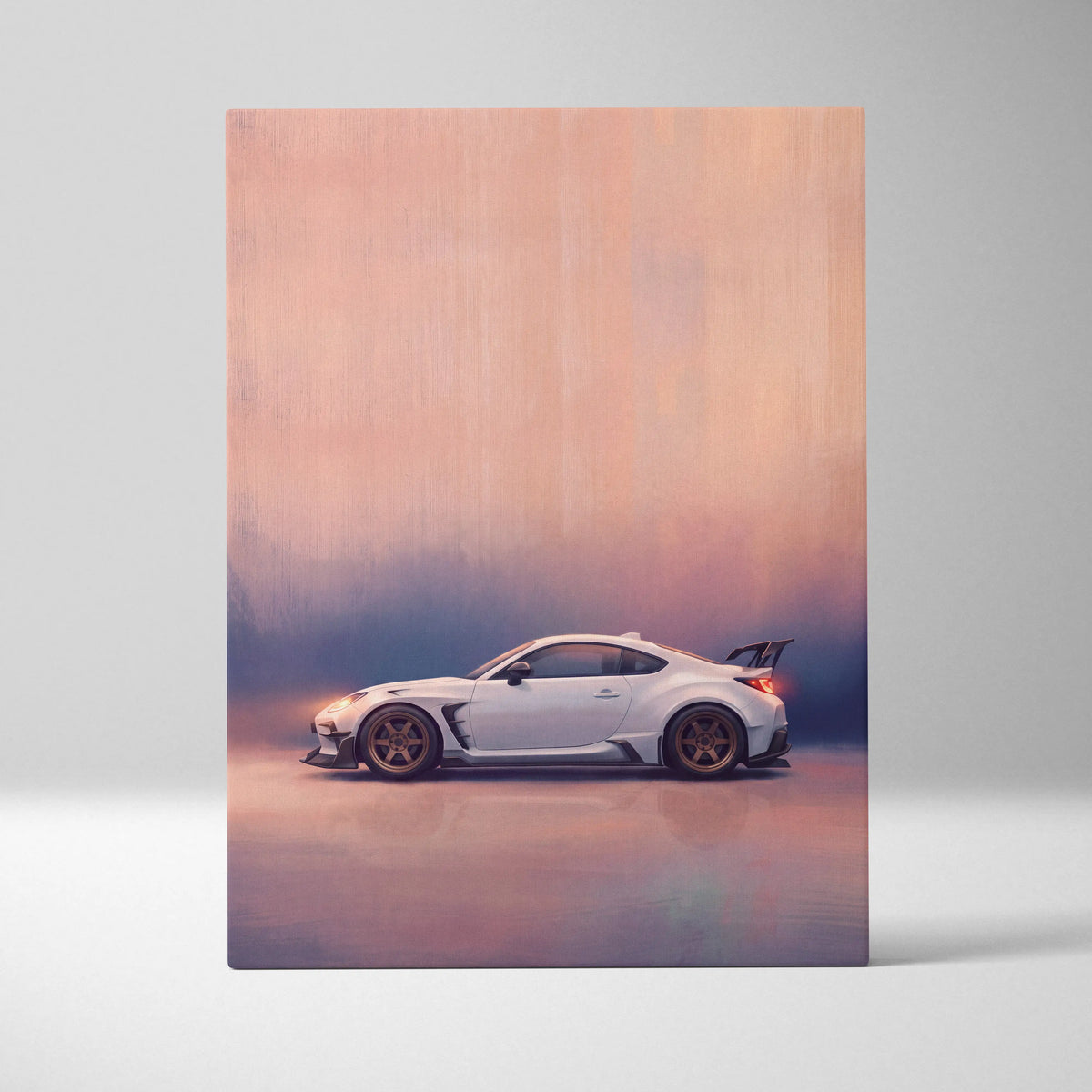 White subaru brz sports car with gold rims and rear spoiler on artistic canvas print for modern living room wall decor