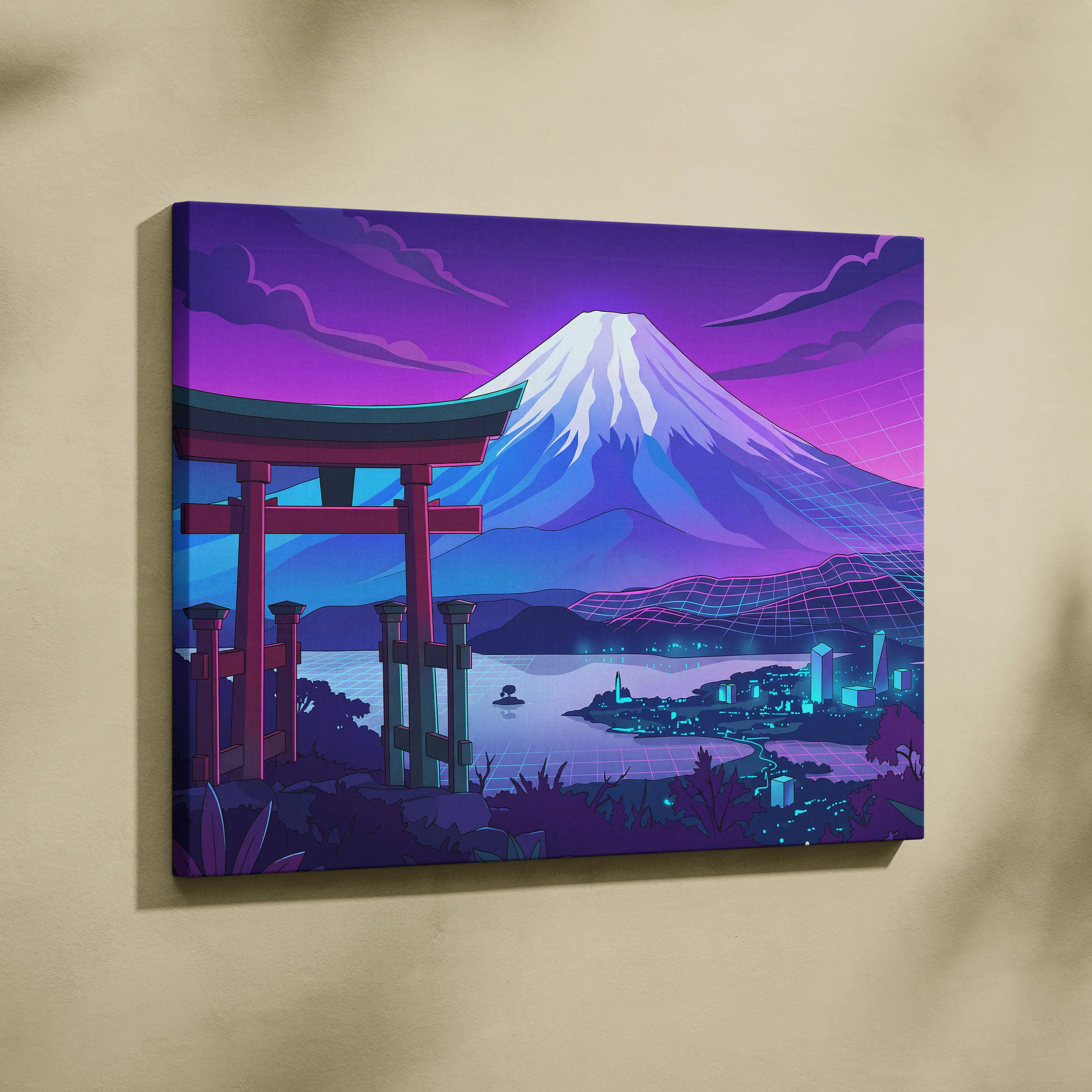 Vaporwave Fuji Dream Canvas - Mount Fuji Purple Pink Blue Living Room Vaporwave Dream Neon Nostalgia Wall Art Canvas