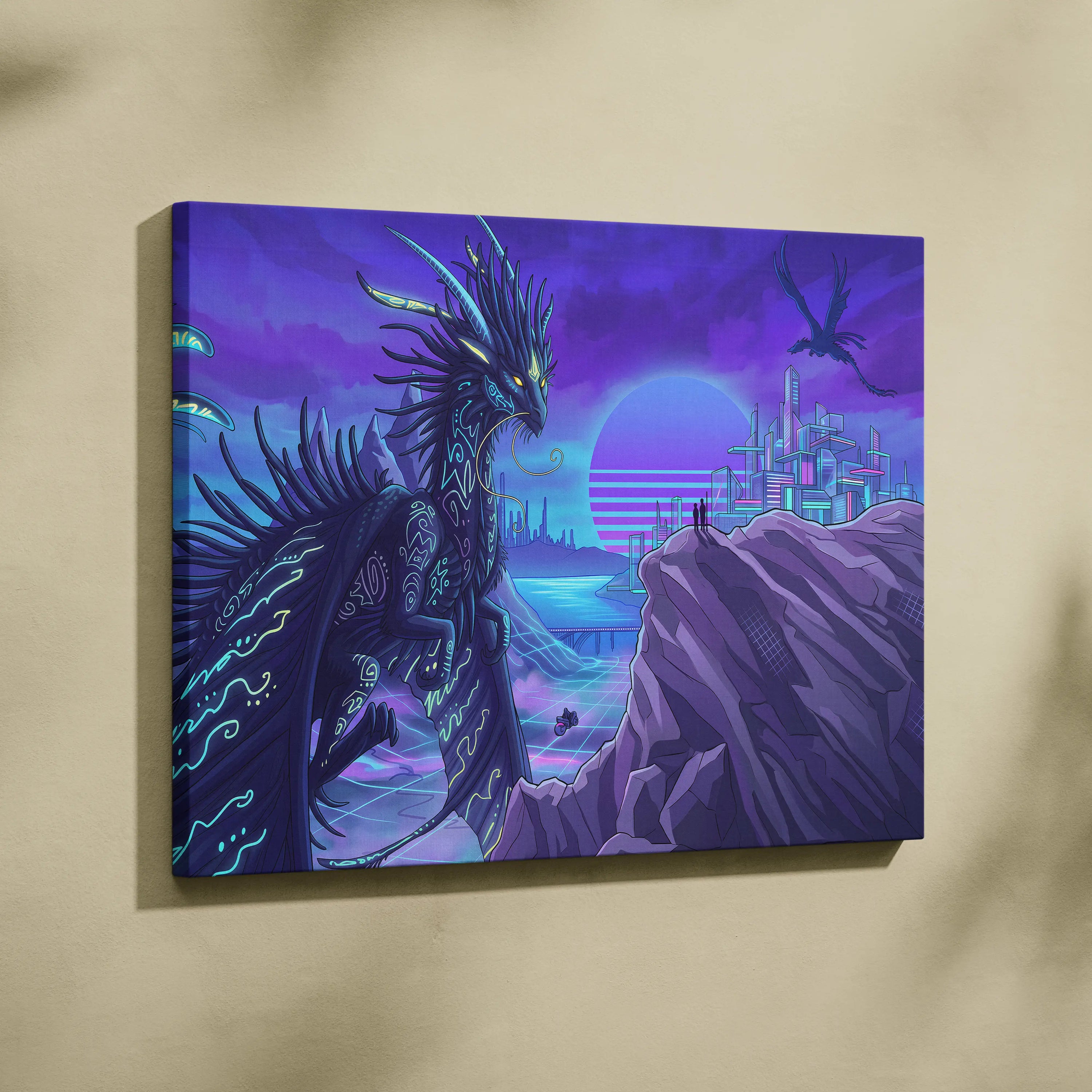 Vaporwave Neon Dragon Canvas - Dragon Neon Violet Cyan Living Room Vaporwave Mood Surreal Futuristic Canvas Print