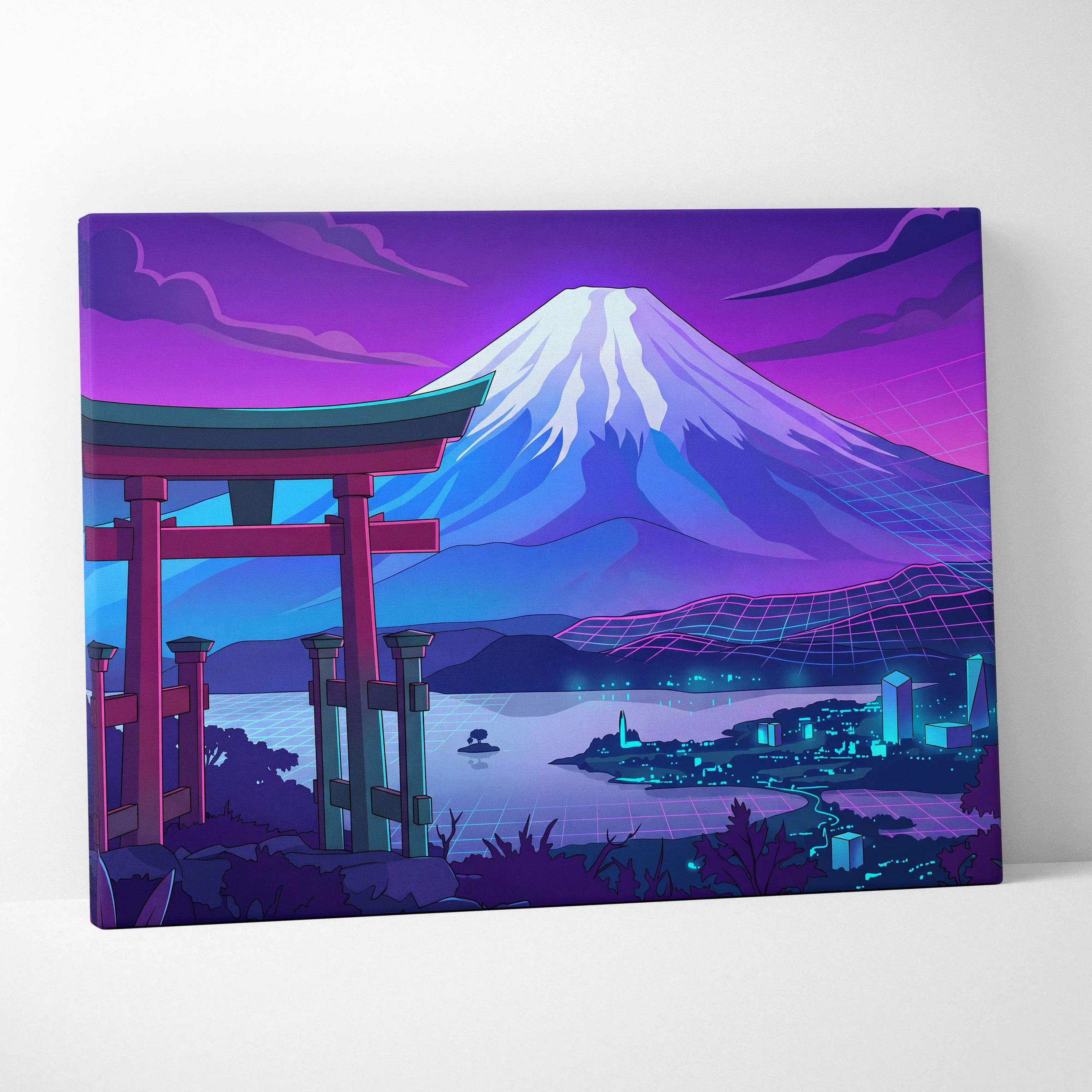 Vaporwave Fuji Dream Canvas - Mount Fuji Purple Pink Blue Living Room Vaporwave Dream Neon Nostalgia Wall Art Canvas