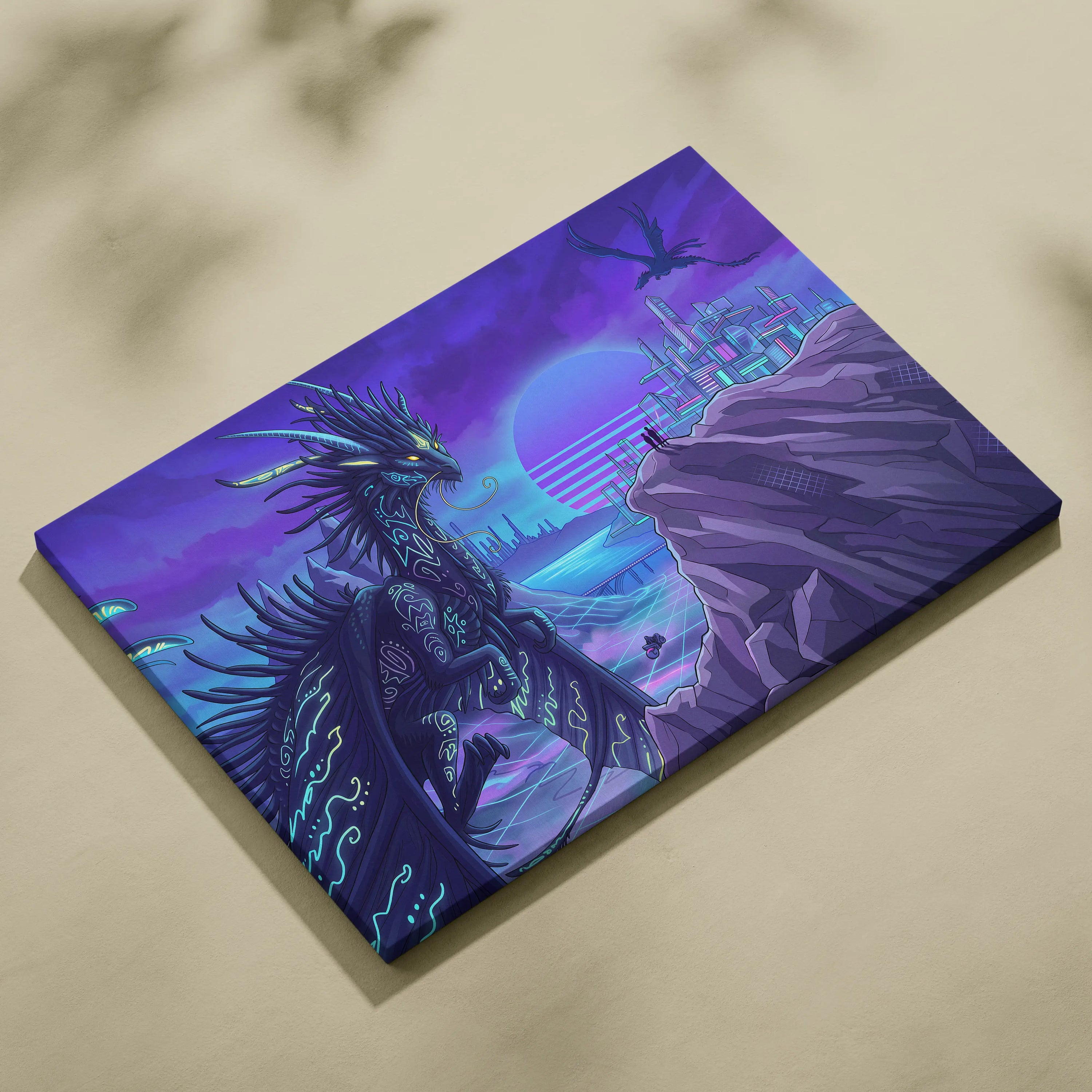 Vaporwave Neon Dragon Canvas - Dragon Neon Violet Cyan Living Room Vaporwave Mood Surreal Futuristic Canvas Print