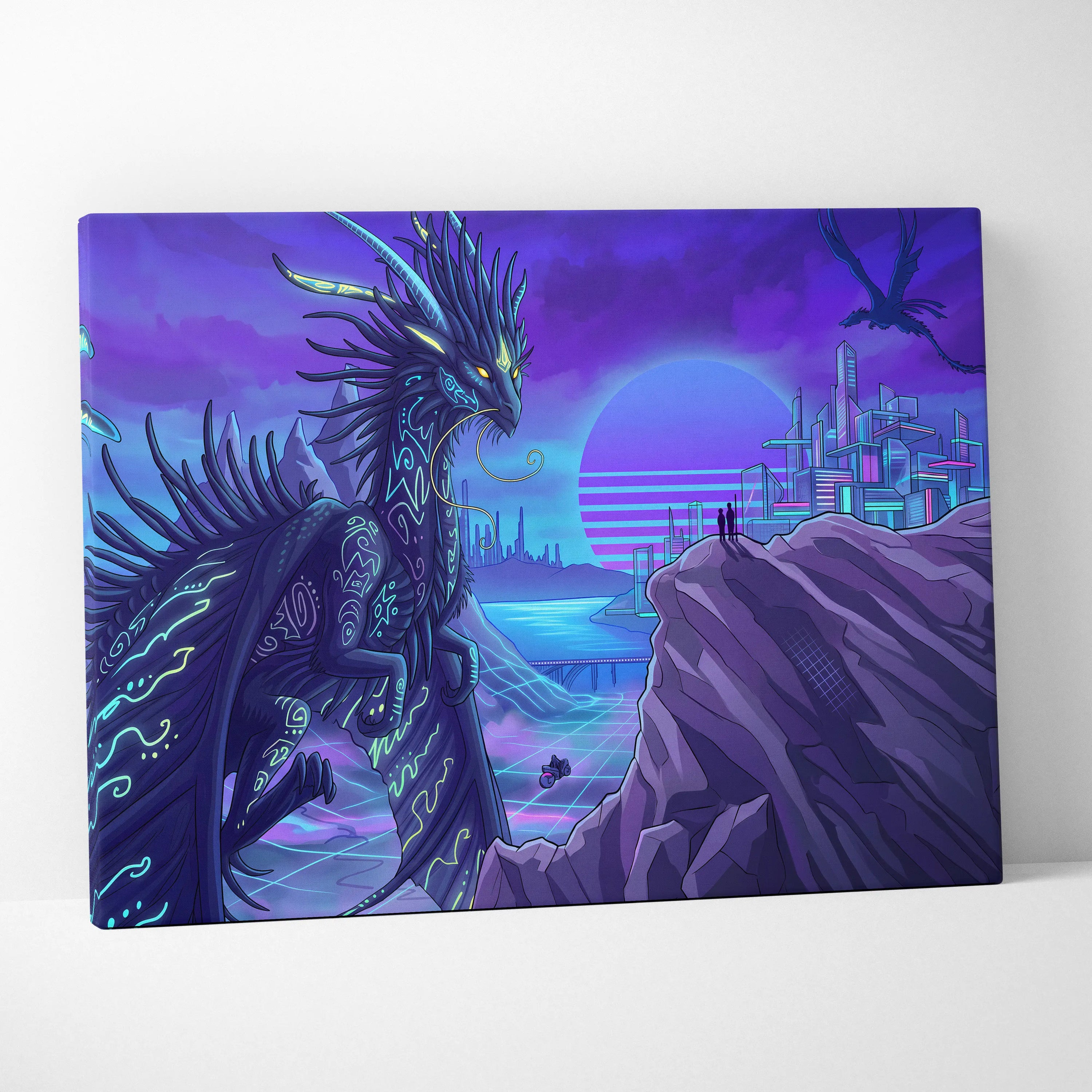 Vaporwave Neon Dragon Canvas - Dragon Neon Violet Cyan Living Room Vaporwave Mood Surreal Futuristic Canvas Print