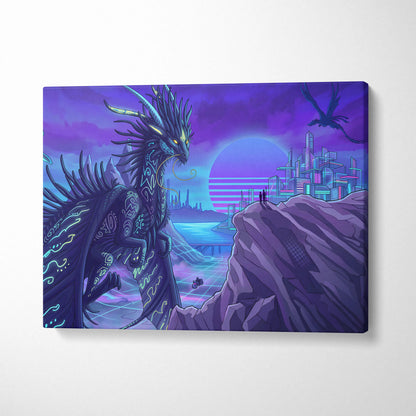 Vaporwave Neon Dragon Canvas - Dragon Neon Violet Cyan Living Room Vaporwave Mood Surreal Futuristic Canvas Print