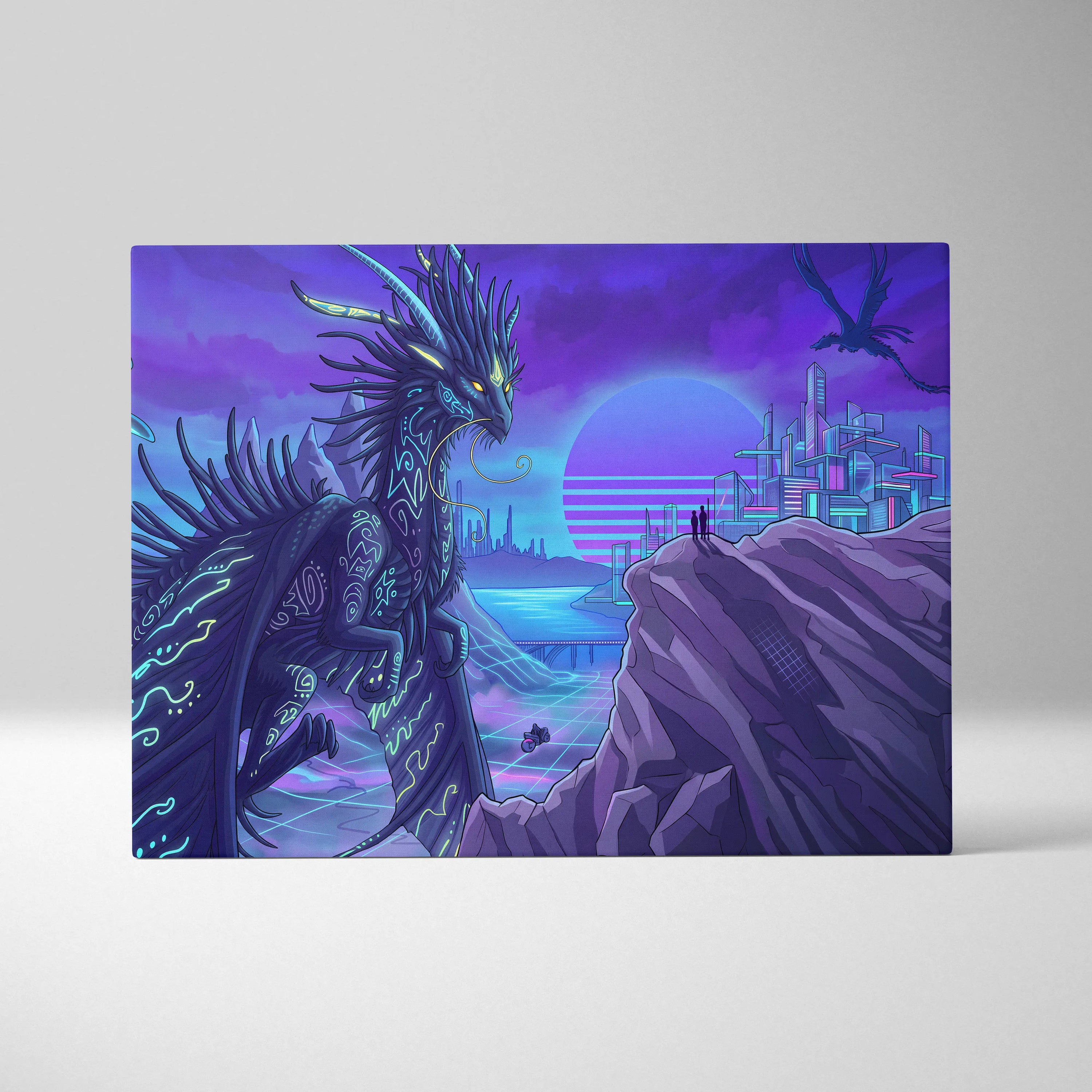 Vaporwave Neon Dragon Canvas - Dragon Neon Violet Cyan Living Room Vaporwave Mood Surreal Futuristic Canvas Print
