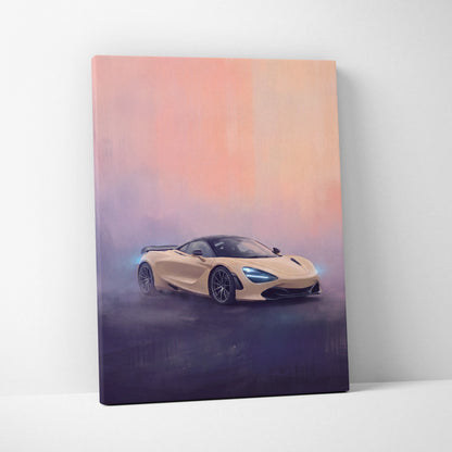 Beige mclaren 720s sports car canvas print with glowing blue headlights against a gradient sunset sky background