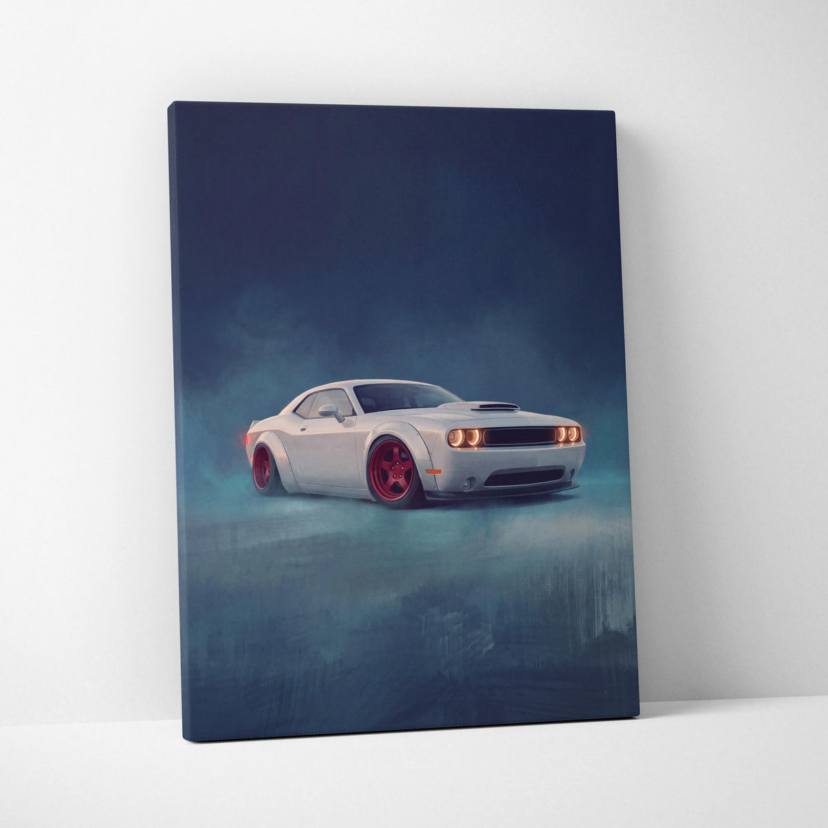 Dodge challenger inspired automotive canvas print featuring a white coupe with red wheels wall art on canvas