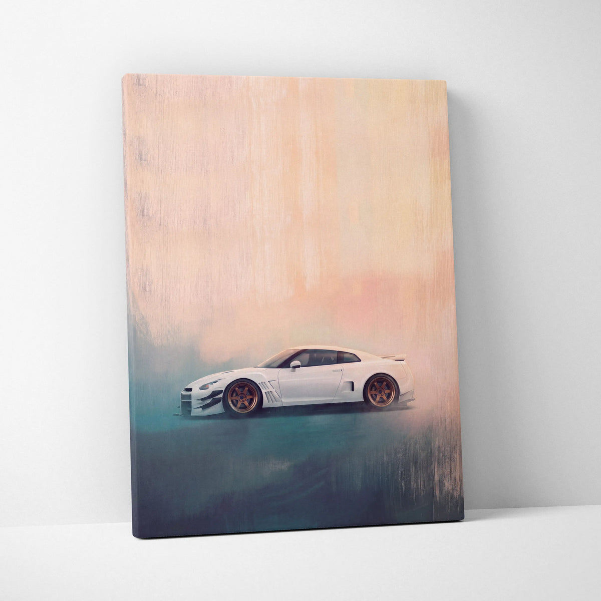 Nissan GT-R inspired canvas wall art featuring a white widebody sports car with copper wheels on a peach teal background