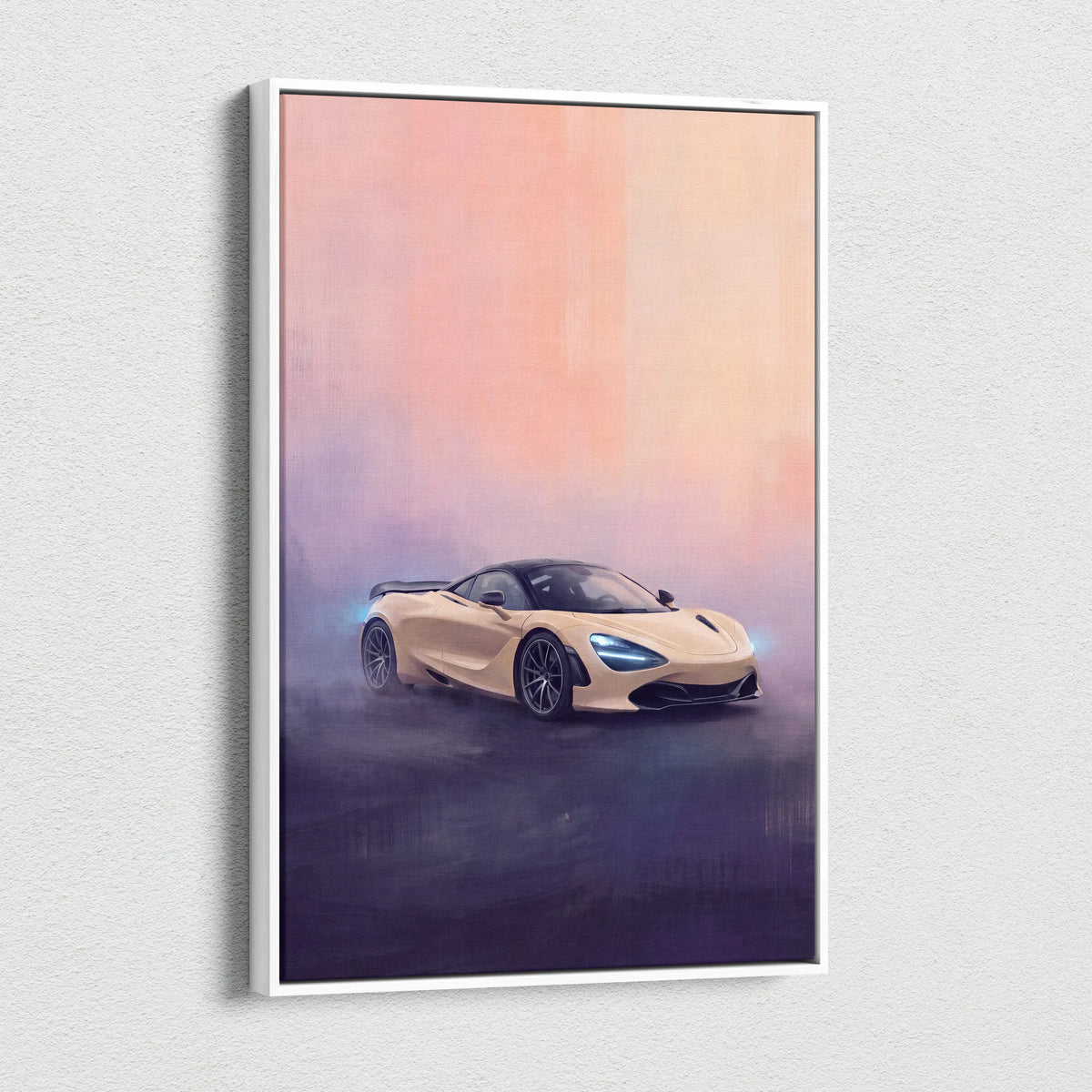 Beige McLaren 720S sports car illustration on a white-framed canvas print luxury supercar wall art