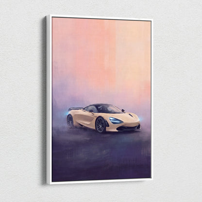 Beige McLaren 720S sports car illustration on a white-framed canvas print luxury supercar wall art