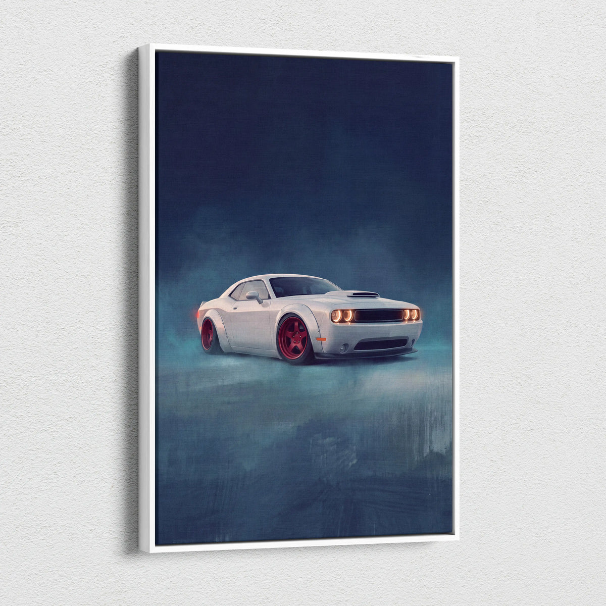 Dodge challenger inspired automotive canvas print featuring a white coupe with red wheels in framed wall art