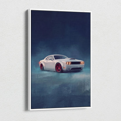 Dodge challenger inspired automotive canvas print featuring a white coupe with red wheels in framed wall art