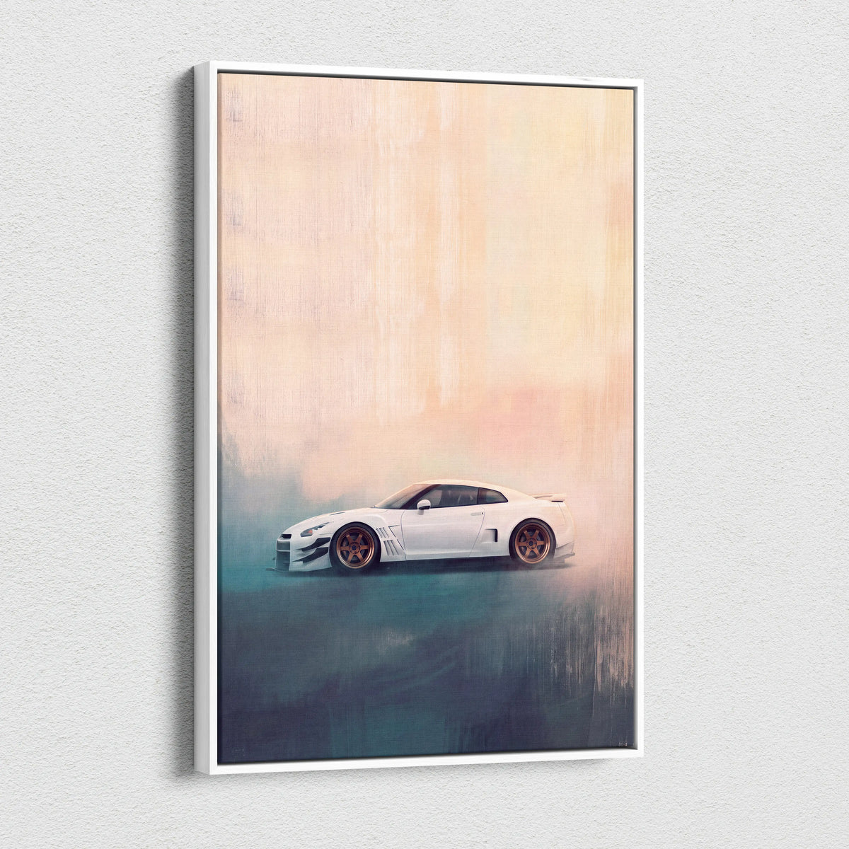 White framed canvas print of a stylized white nissan gt-r sports car with bronze wheels for bedroom decor