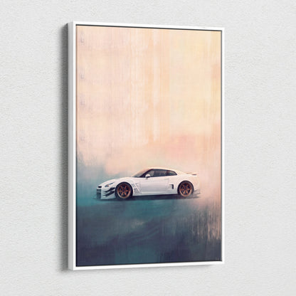 White framed canvas print of a stylized white nissan gt-r sports car with bronze wheels for bedroom decor