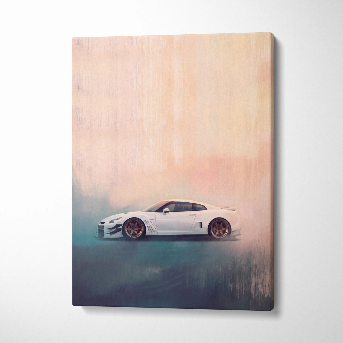 White nissan gt-r inspired widebody sports car stylized painting on canvas for bedroom wall decor