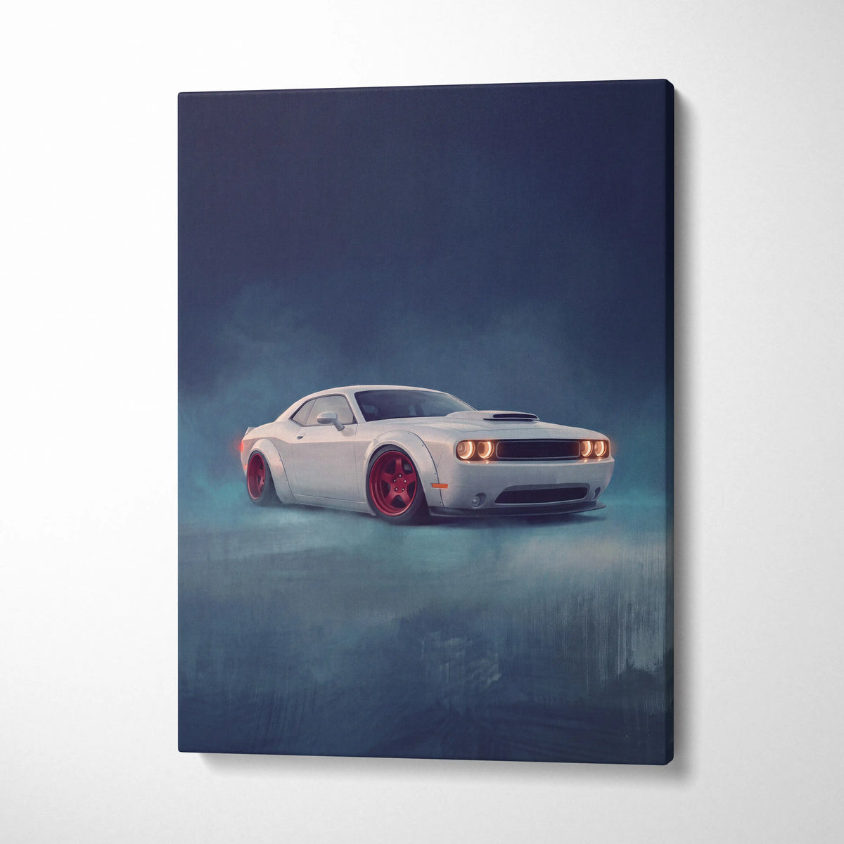 Dodge challenger inspired automotive canvas print featuring a white coupe with red wheels wall art