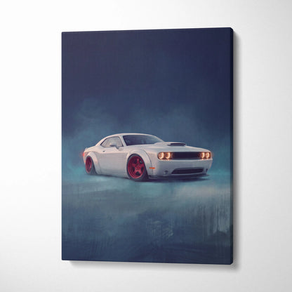 Dodge challenger inspired automotive canvas print featuring a white coupe with red wheels wall art