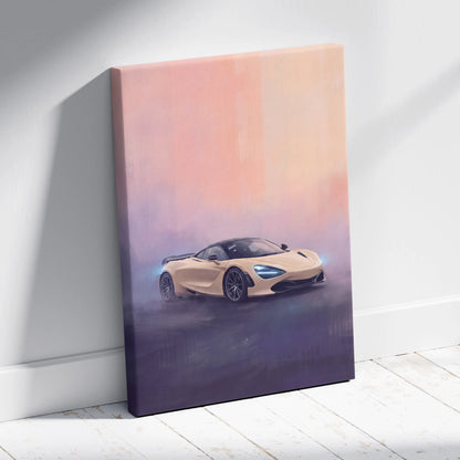 Beige McLaren 720S luxury supercar canvas print with glowing blue headlights and gradient sunset sky background