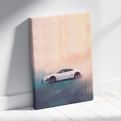 White nissan gt-r inspired canvas wall art featuring a widebody supercar on peach and teal gradient background for bedroom decor