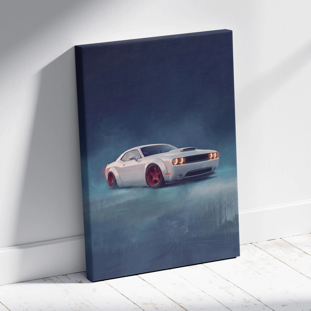 White dodge challenger canvas print with red wheels and glowing headlights on a dark blue misty background